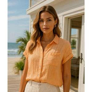Lola River Gauze Peach Shirt Cotton Button Up Collared Beach Resort Coastal Boho